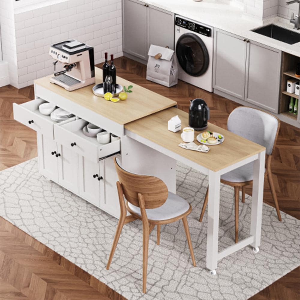 Runesay White Mdf Base with Mdf Wood Top Rolling Kitchen Island (19.75-in x 74.5-in x 36.25-in)