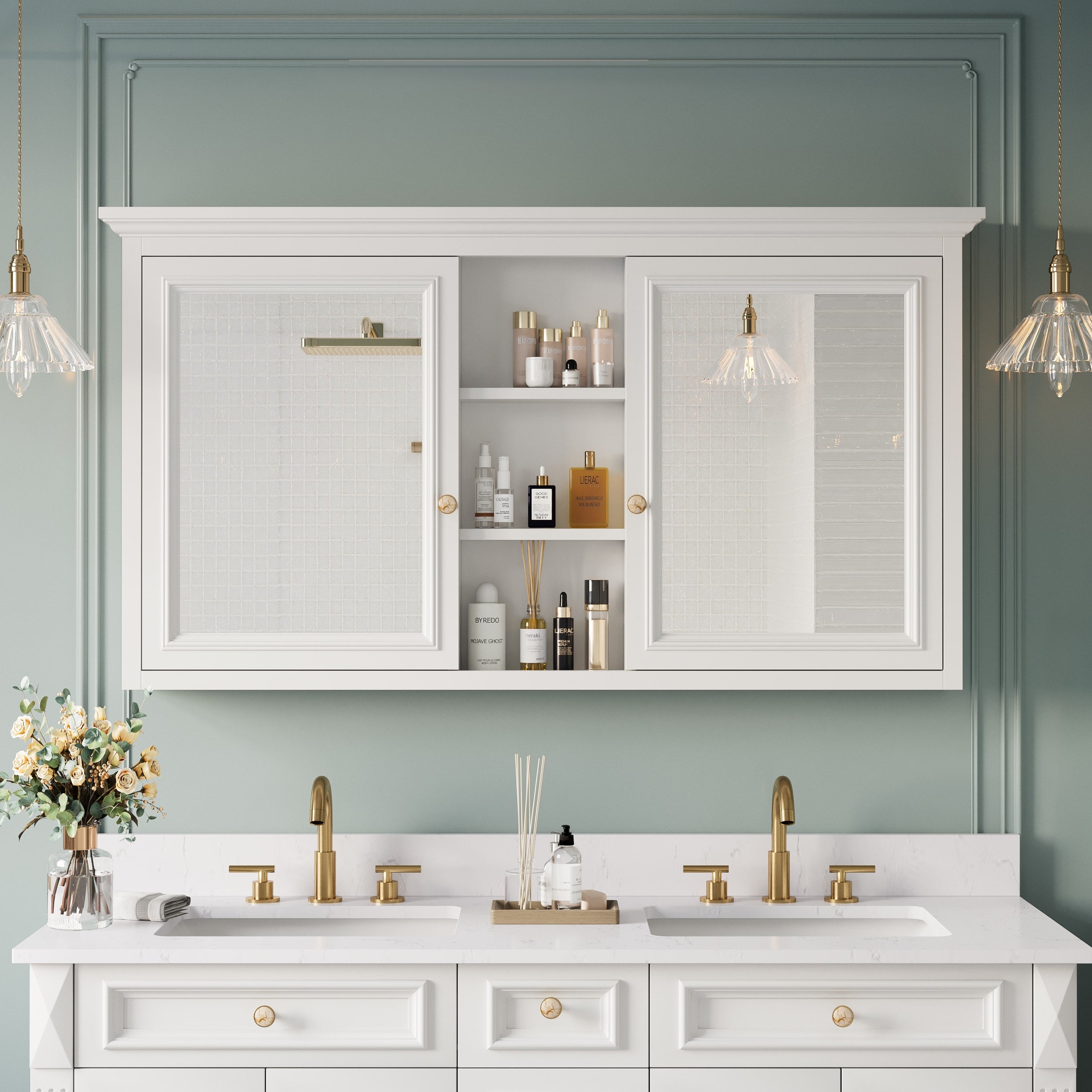 Forclover 55-in x 30-in Surface Mount White Mirrored Soft Close Medicine Cabinet