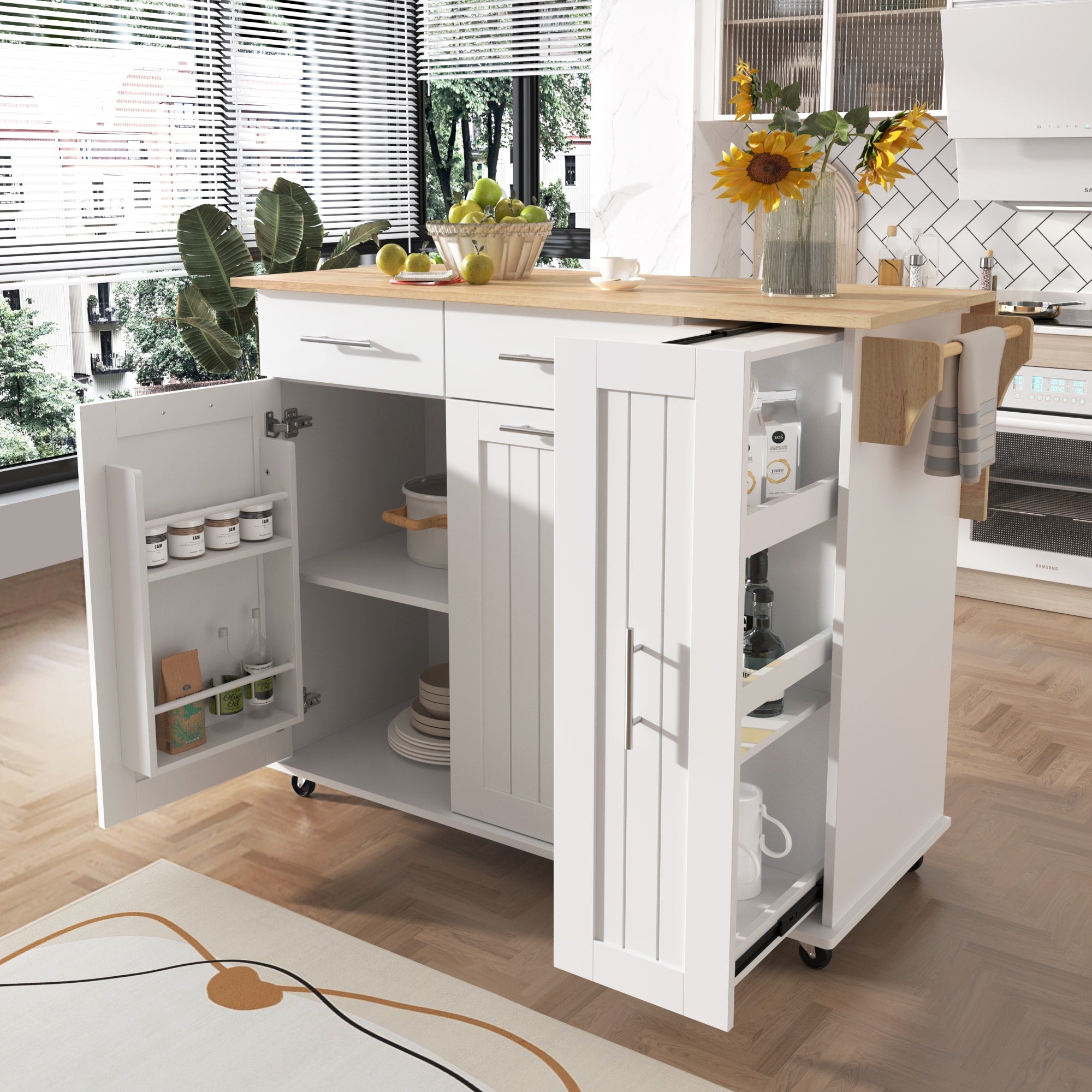 Runesay White Mdf Base with Mdf Wood Top Rolling Kitchen Island (29.5-in x 46-in x 37-in)