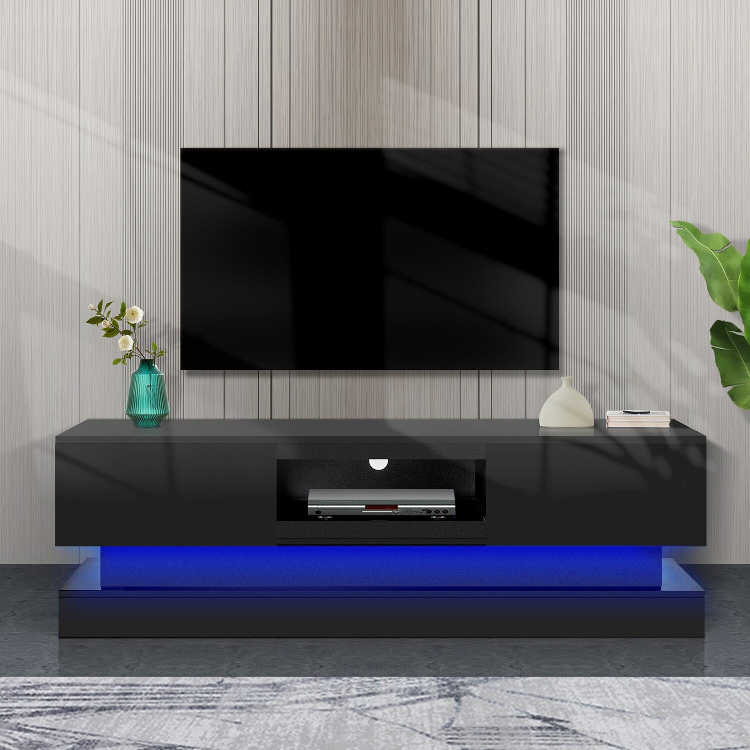 GZMR Black morden TV Stand with LED Lights Modern/Contemporary Black Tv Cabinet (Accommodates TVs up to 55-in)