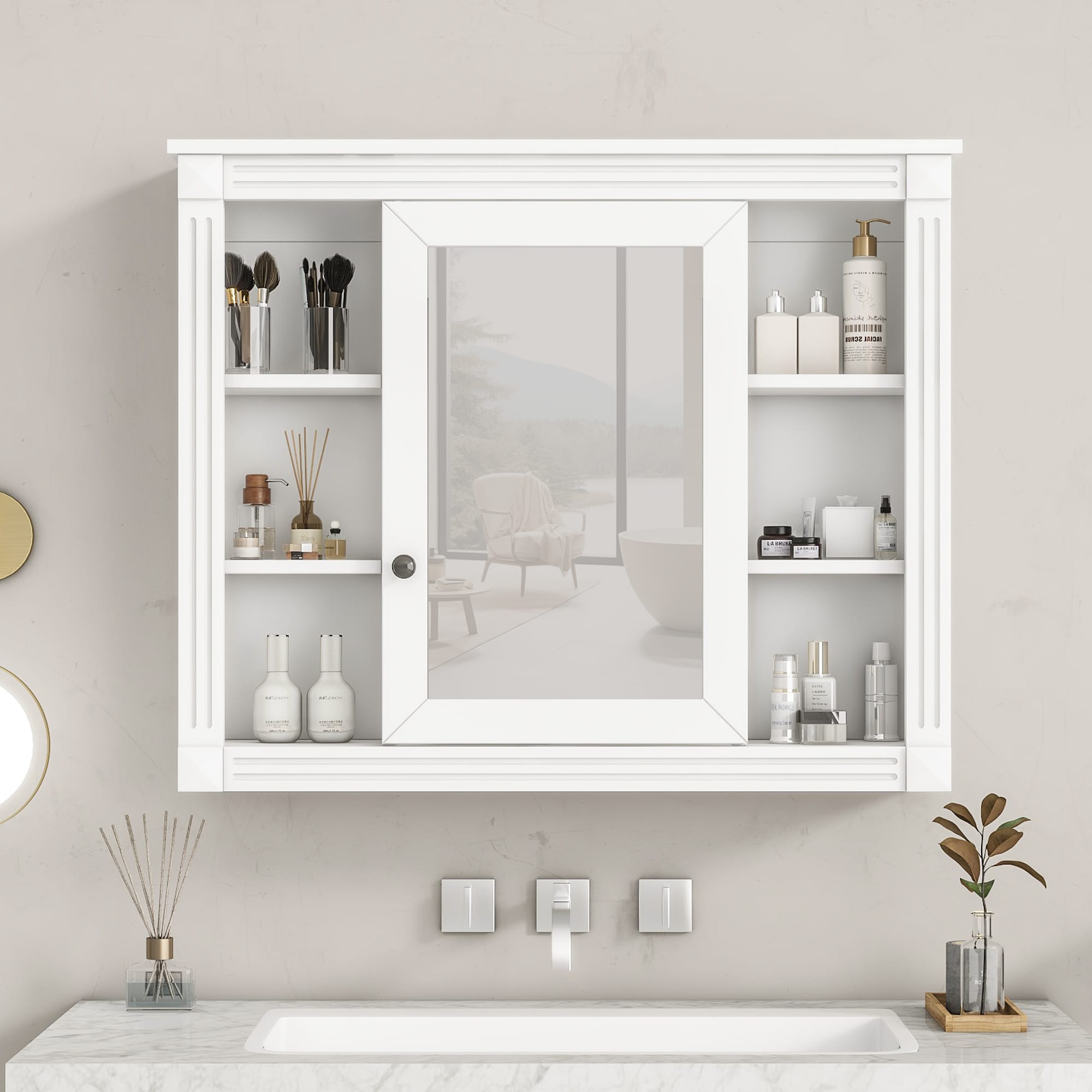 Forclover Wood 35-in x 28.7-in Surface/Recessed Mount White Mirrored Soft Close Medicine Cabinet