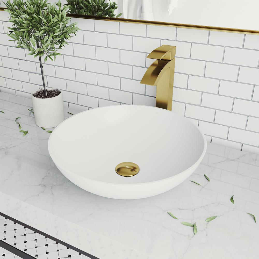 VIGO Lotus Matte Stone Vessel Bathroom Sink in White with Duris Faucet in Matte Gold