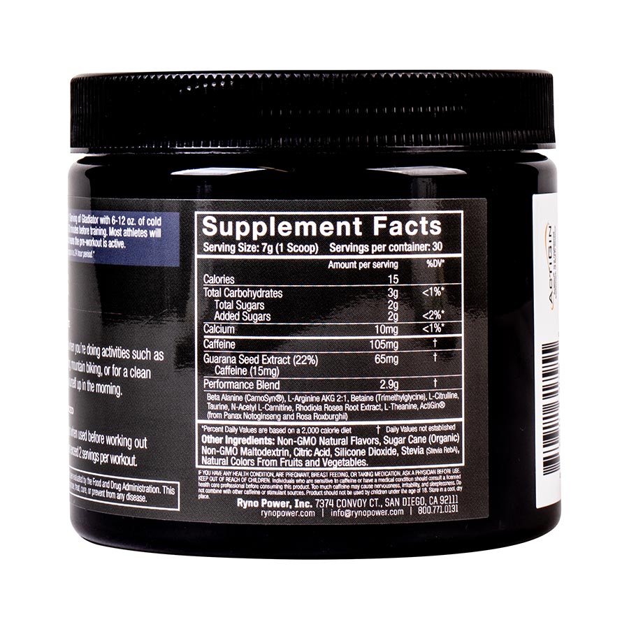Ryno Power Gladiator Pre-Workout Drink Mix – Natural Caffeine, Endurance Boost, Grape Flavor, Gluten-Free, Non-GMO, for Enhanced Performance