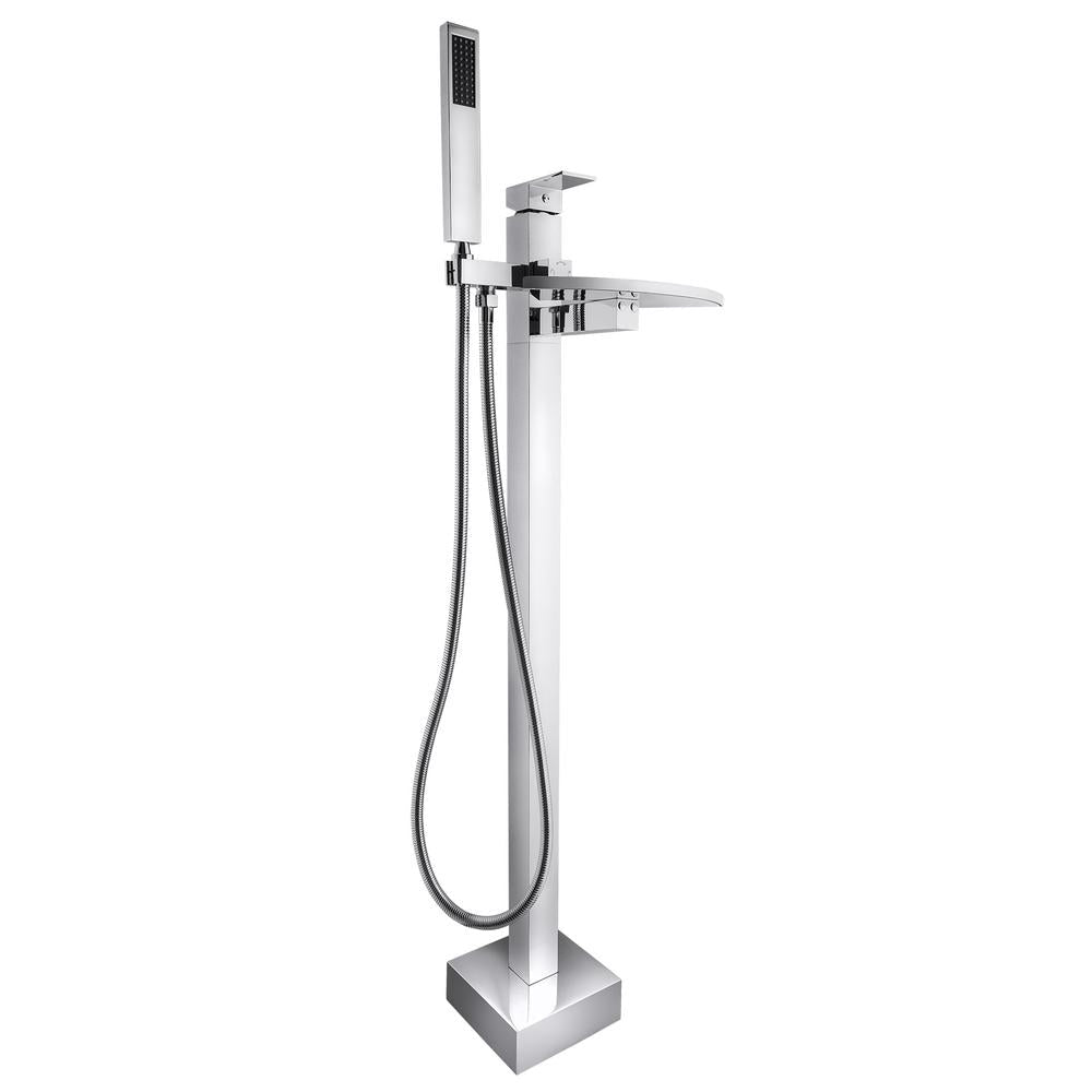 1-Handle Freestanding Floor Mount Roman Tub Faucet Bathtub Filler with Waterfall Style and Hand Shower in Chrome