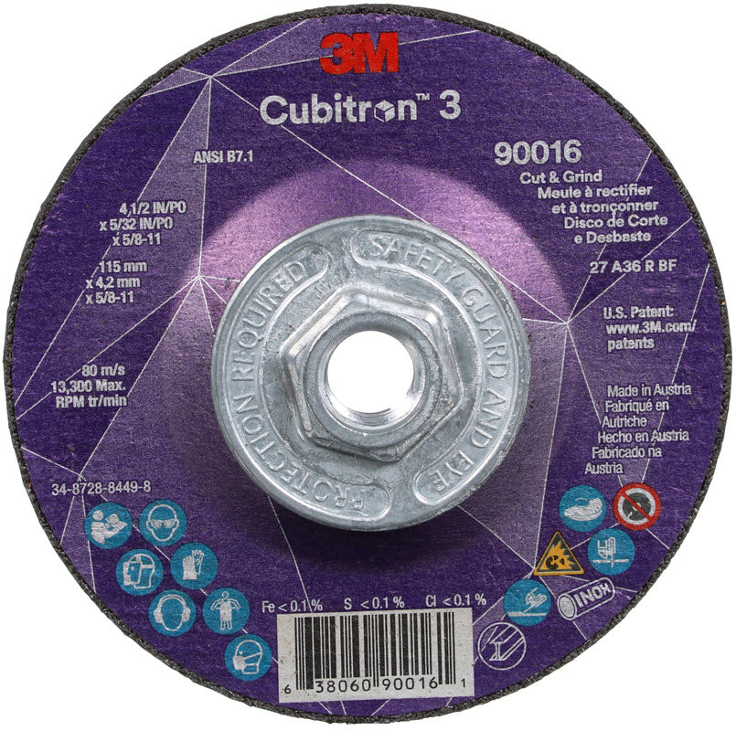 3M Cubitron 3 Cut & Grind Wheel w/Hub 4 1/2" X 5/32" Type 27 90016