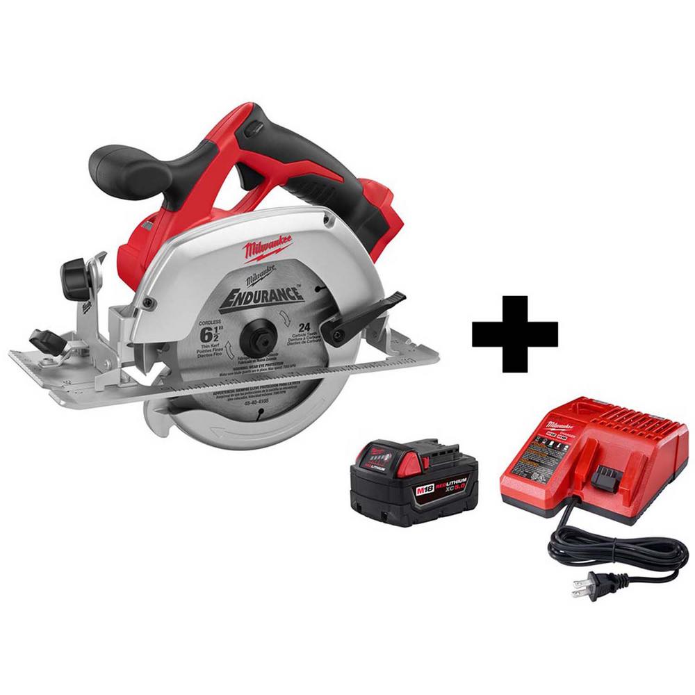 M18 18-Volt Lithium-Ion Cordless 6-1/2 in. Circular Saw W/ M18 Starter Kit (1) 5.0Ah Battery & Charger