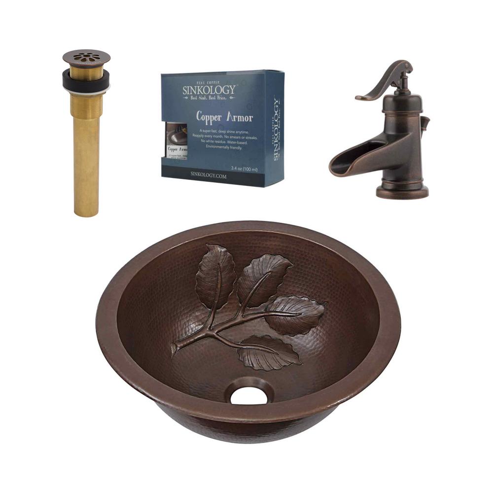 SINKOLOGY Newton All-In-One 14 in. Dual Mount Copper Bathroom Sink with Pfister Centerset Rustic Bronze Faucet and Drain