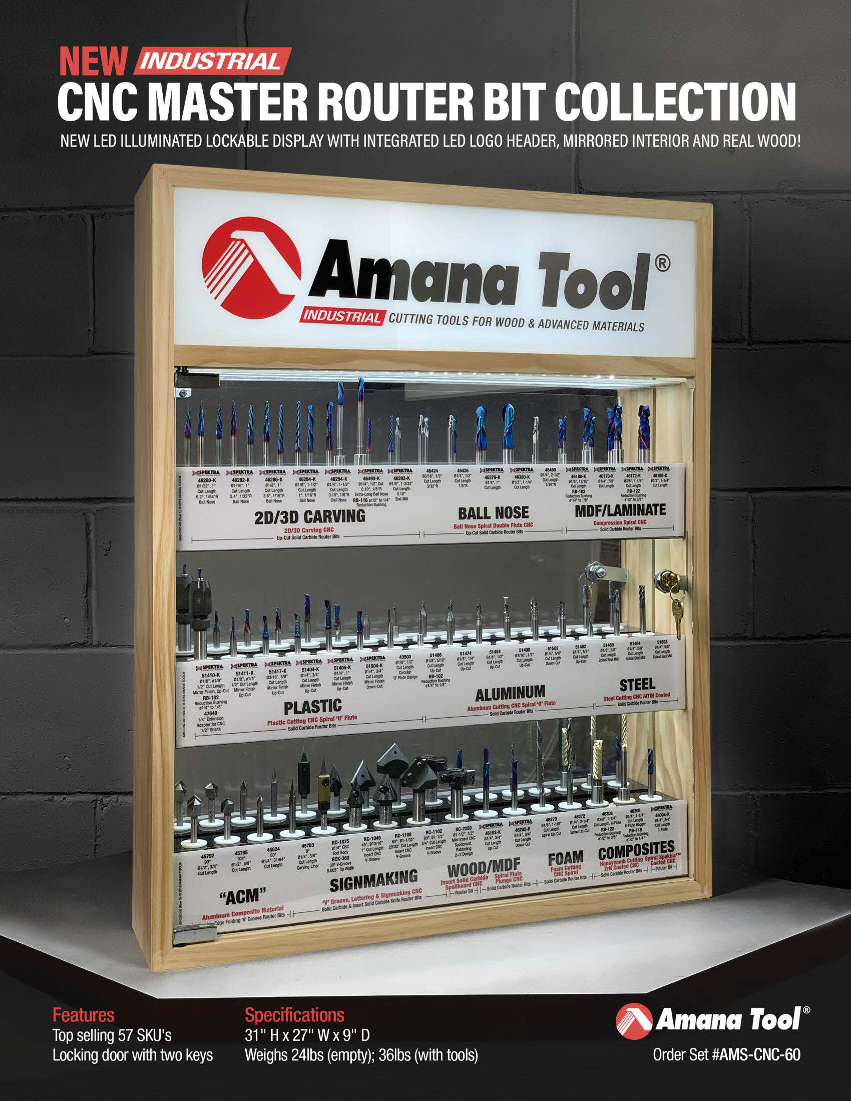 Amana AMS-CNC-60 – Master CNC Router Bit Collection, 57-Pcs with LED Illuminated, Mirrored Interior and Solid Wood Display