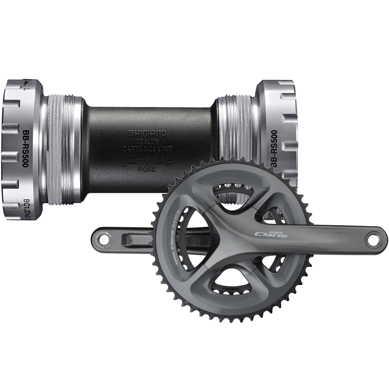Shimano Bike Parts Bundle: BB-RS501 Hollowtech II Bottom Bracket + Claris FC-R2000 Crankset for Road & Touring, Lightweight Aluminum, High-Performance Cycling Components