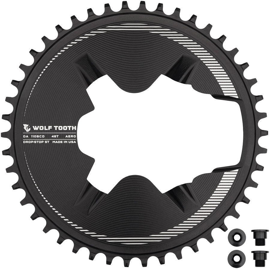 Wolf Tooth Aero Direct Mount 1x Chainring - 46t, 4-Bolt, Drop-Stop ST, Compatible with Shimano Dura-Ace R9200/R9200-P