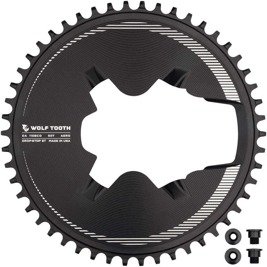 Wolf Tooth Aero Direct Mount 1x Chainring - 50t, 4-Bolt, Drop-Stop ST, Compatible with Shimano Dura-Ace R9200/R9200-P