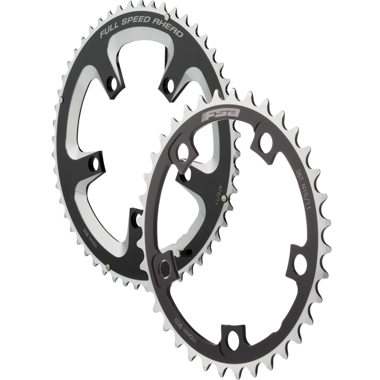 FSA High-Performance Road Bike Chainring Bundle 36T & 52T Aluminum 10/11-Speed, Black/Silver