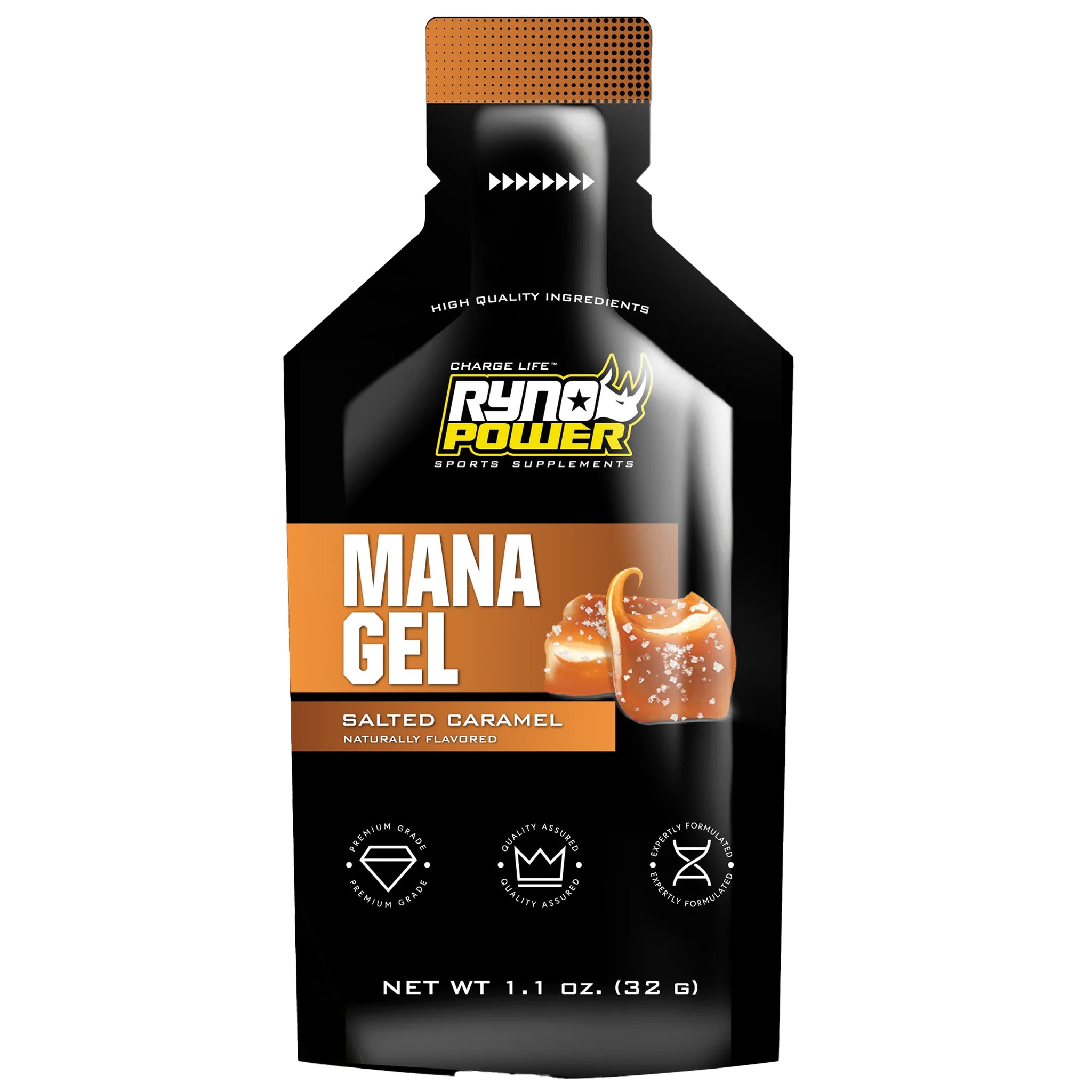 Ryno Power Mana Gel Salted Caramel 12pcs – Vegan, Non-GMO Energy Gel for Cycling, Triathlon & Sports Nutrition, Gluten-Free & Caffeine-Free