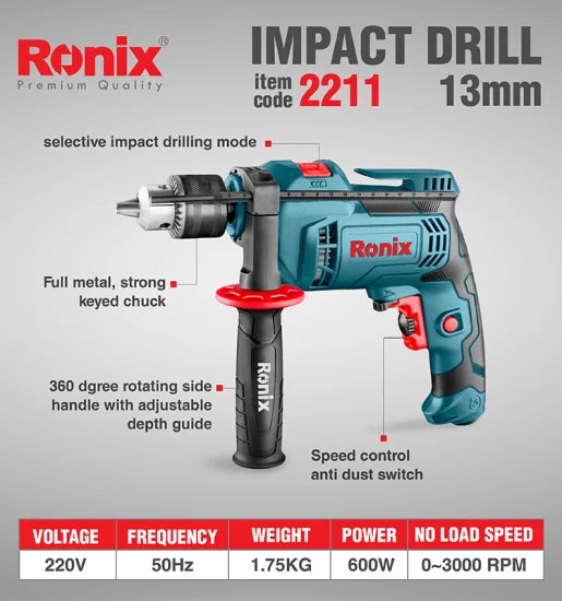 Ronix 2211 Model 600W Power Tools Drill Electrical Drilling Machine 13mm Impact Drill Set for Household Use