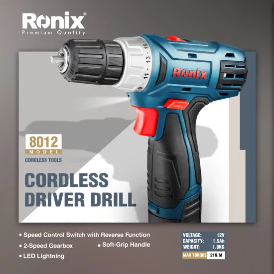 Ronix 8012 Electric Drill High-Performance Motor 2 Variable Speed Cordless Drill with an Adjustable Clutch Cordless Drill Driver