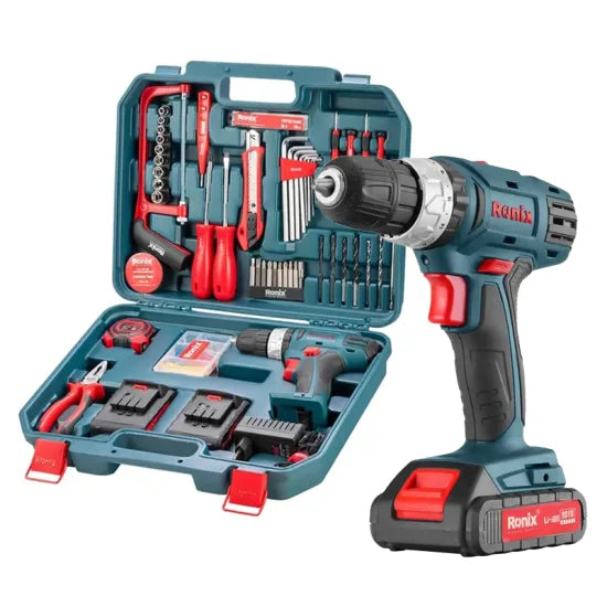 Ronix RS-8018 18V Cordless Impact Drill Driver Kit 53PCS Power Tool Set with Hand Tools and Drill Bits