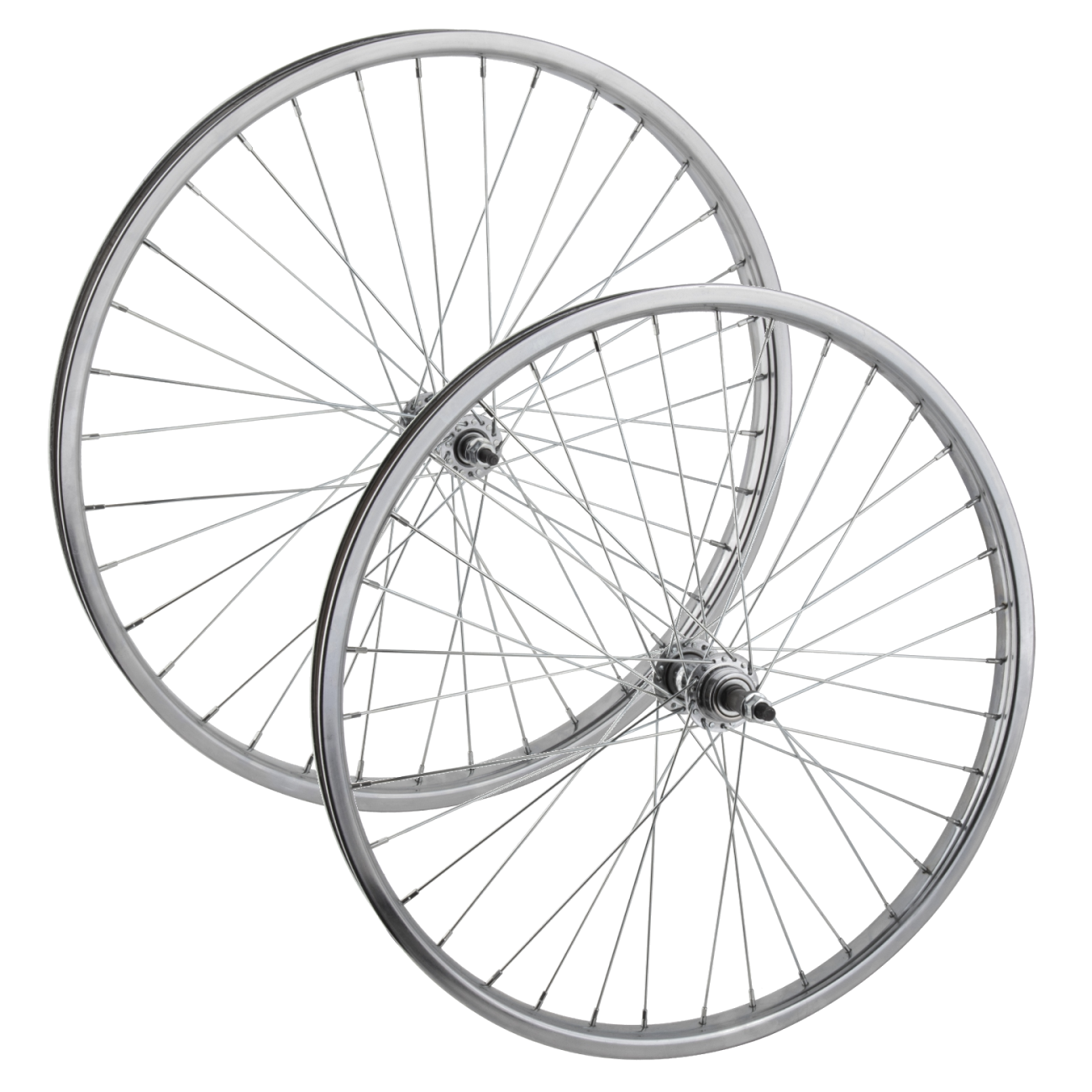 24in Steel Bicycle Wheels Bundle Rear & Front Clincher Rims, 36H, 14G Spokes, B/O 5/16 & 3/8 Axles, Silver