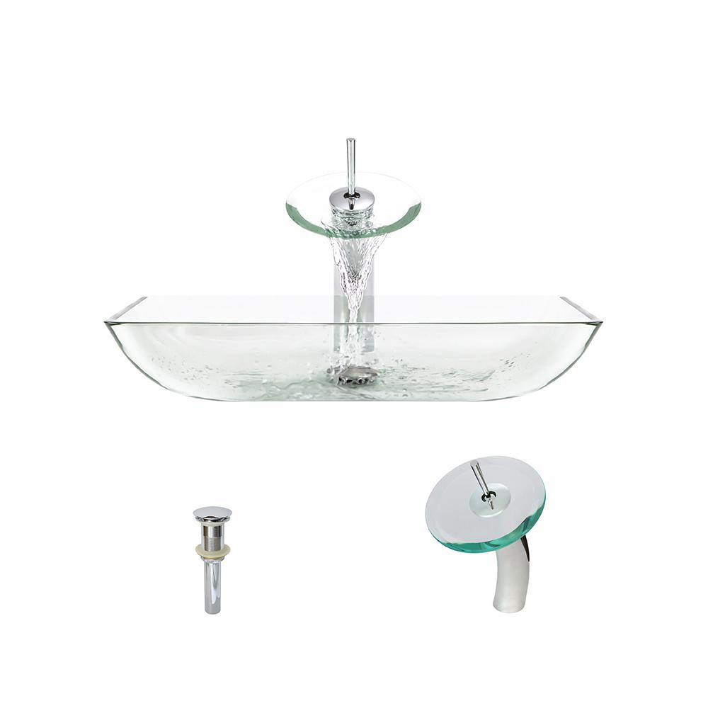 MR Direct Glass Vessel Sink in Crystal with Waterfall Faucet and Pop-Up Drain in Chrome