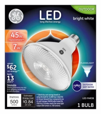Led Floodlight Bulb, Bright White, Clear, Par38, 500 Lumens, 7 Watt