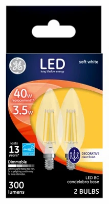 Decorative Led Light Bulbs, Candelabra Base, Soft White, Clear, Dimmable, 300 Lumens, 3.5 Watt, 2-pk.