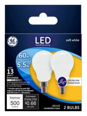 Ceiling Fan Led Light Bulbs, Candelabra Base, Soft White, Frosted, Dimmable, 500 Lumens, 5.5 Watt, 2-pk.