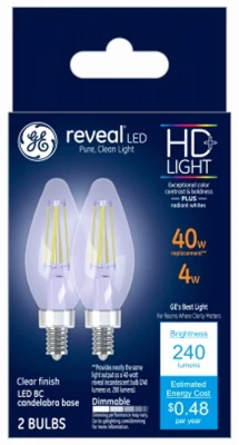 Reveal Hd+ Decorative Led Light Bulbs, Candelabra Base, Clear, Dimmable, 240 Lumens, 4 Watt, 2-pk.