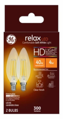 Relax Decorative Hd Led Light Bulbs, Soft White, Clear, Candelabra Base, 300 Lumens, 4 Watt, 2-pk.