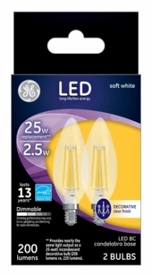 Decorative Led Light Bulbs, Candelabra Base, Soft White, Clear, 200 Lumens, 2.5 Watt, 2-pk.