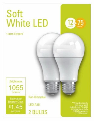 Led Light Bulbs, A21, Soft White, 1055 Lumens, 12 Watt, 2-pk.