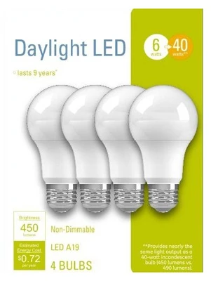 Led Light Bulbs, A19, Daylight, 450 Lumens, 6 Watt, 4-pk.