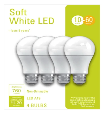Led Light Bulbs, A19, Soft White, 760 Lumens, 10 Watt, 4-pk.