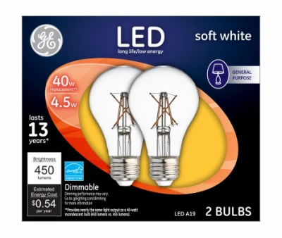 Led Light Bulbs, Soft White Clear, 4.5 Watt, 450 Lumens, 2-pk.