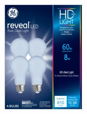 Reveal Hd Led Light Bulbs, Clean White Frosted, 8 Watt, 610 Lumens, 4-pk.