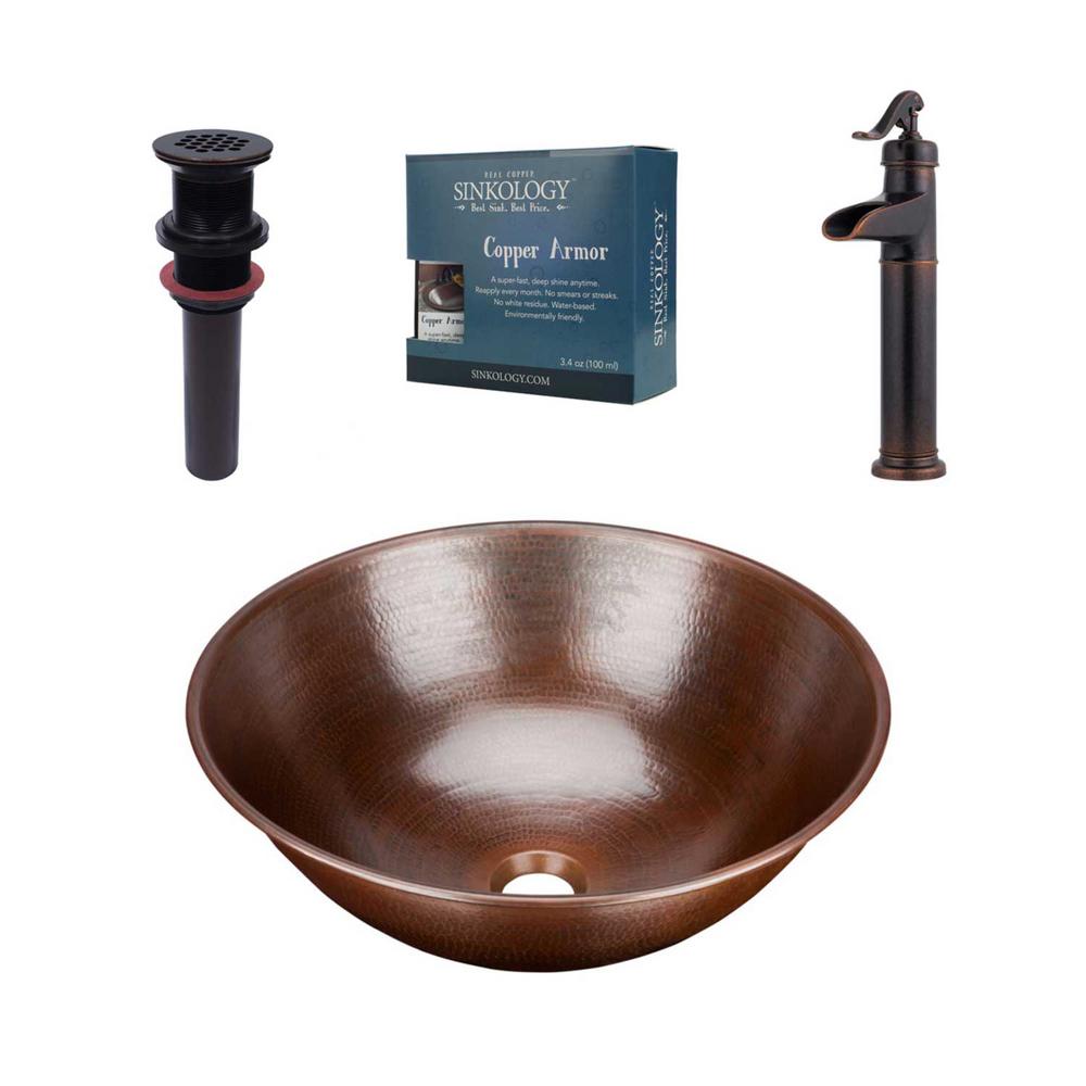SINKOLOGY Eddington All-In-One 16 in. Copper Vessel Bathroom Sink with Pfister Ashfield Bronze Faucet and Drain