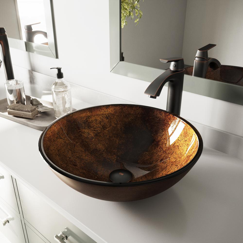 VIGO Glass Vessel Bathroom Sink in Russet and Linus Faucet Set in Antique Rubbed Bronze