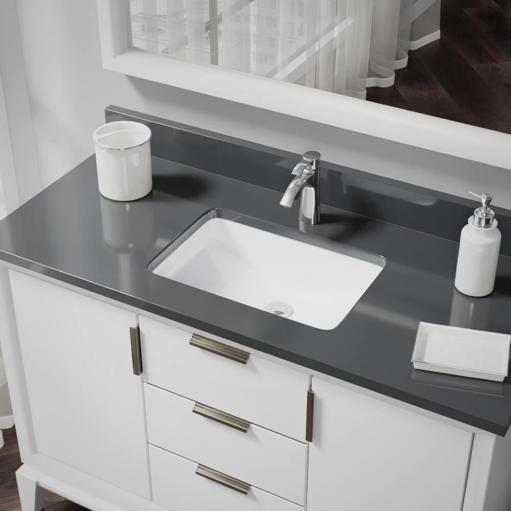 Rene Undermount Porcelain Bathroom Sink in White with Pop-Up Drain in Chrome