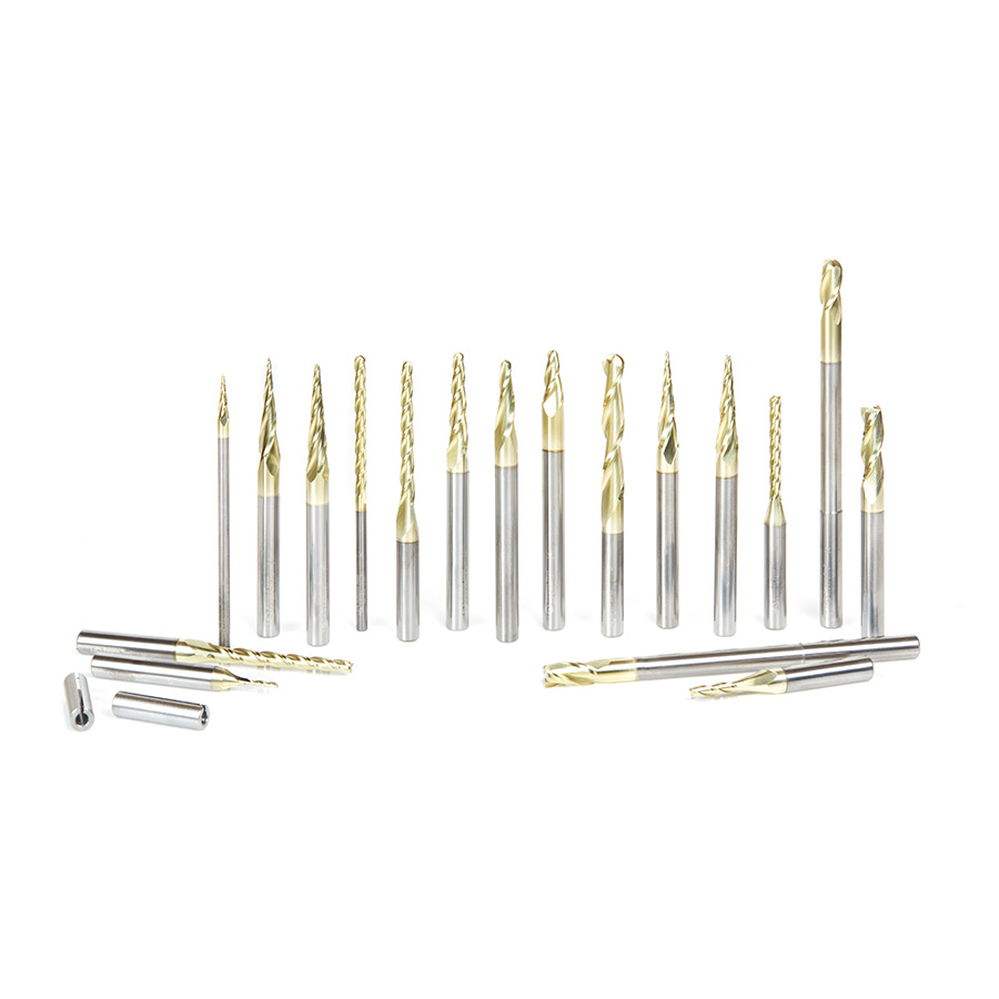 Amana AMS-143 18-Pc Solid Carbide Up-Cut Spiral Tapered, 2D/3D, Carving & Lettering ZrN Coated Advanced CNC Router Bit Collection, 1/8 & 1/4 Inch Shank