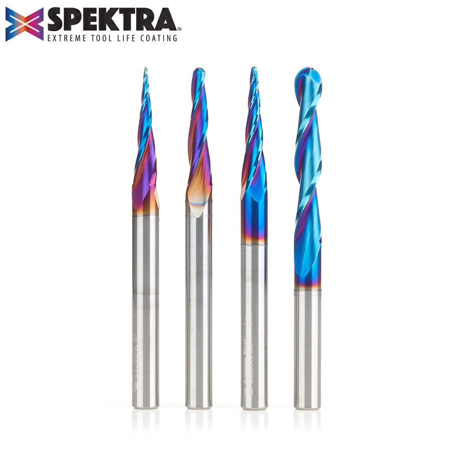 Amana AMS-148-K 4-Pc Solid Carbide Up-Cut Spiral 2D/3D Carving Ball Nose Spektra, Extreme Tool Life Coated CNC Router Bit Set, 1/4 Inch Shank, Includes 1/32, 1/16, 1/8 & 1/4 Diameters.