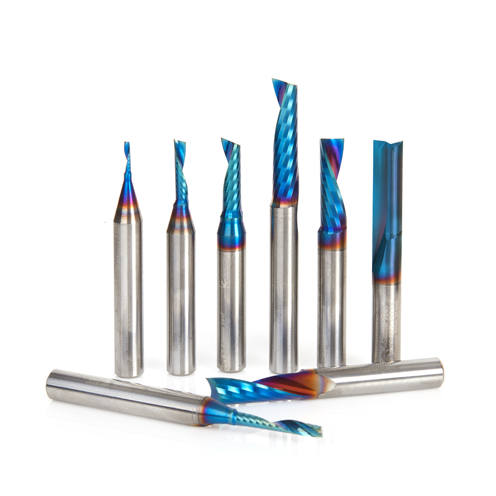 Amana AMS-165-K 8-Pc Spektra, Extreme Tool Life Coated Plastic Cutting Solid Carbide Spiral ‘O’ Flute CNC Router Bit Collection, 1/4 Inch Shank