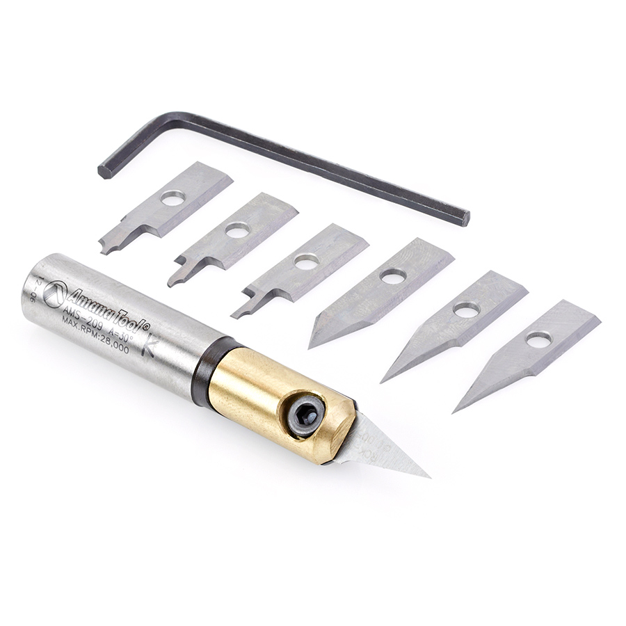Amana AMS-209 8-Piece In-Groove Insert Engraving Tool Body & Knives 1/2 Inch Shank Set