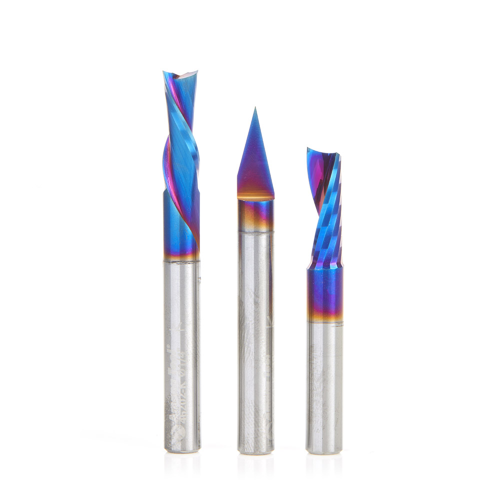 Amana AMS-253-K 3-Pc CNC Spektra, Extreme Tool Life Coated Signmaking Pack IV, 1/4 Inch Shank