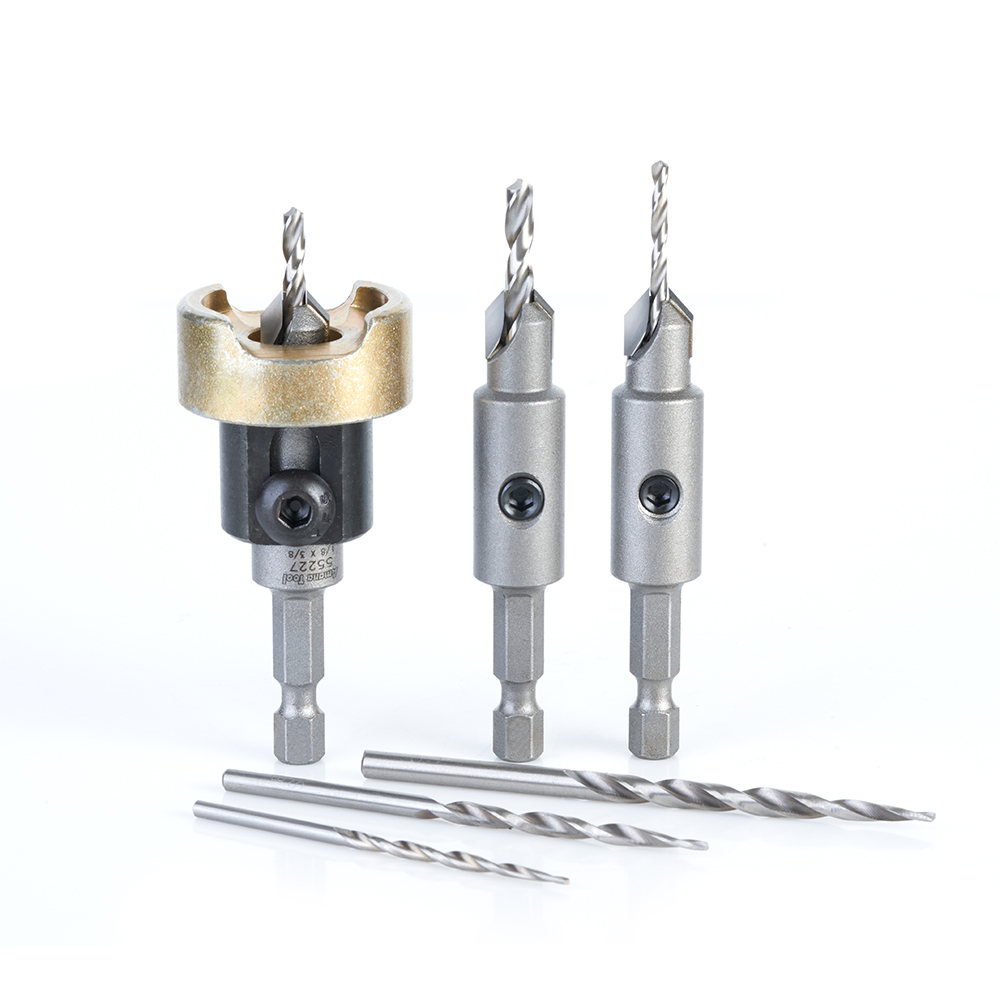 Amana AMS-628 6-Pc Countersink Adjustable Depth Stop No-Thrust, No-Mar Ball Bearing Set with Quick Release Shank and Replacement HSS Drills