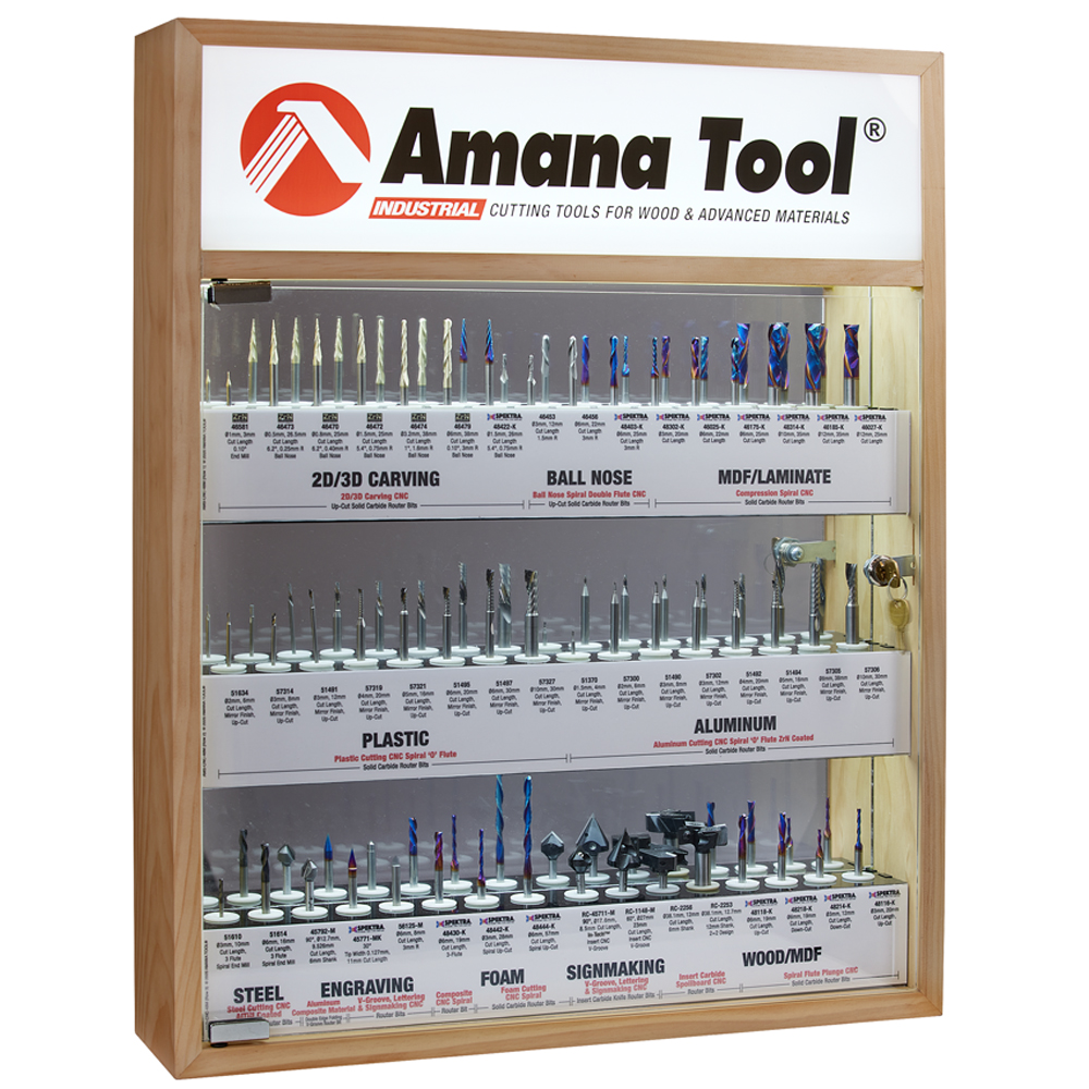 Amana AMS-CNC-48M – Metric CNC Master Router Bit Collection, 48-Pcs with LED Illuminated, Mirrored Interior and Solid Wood Display