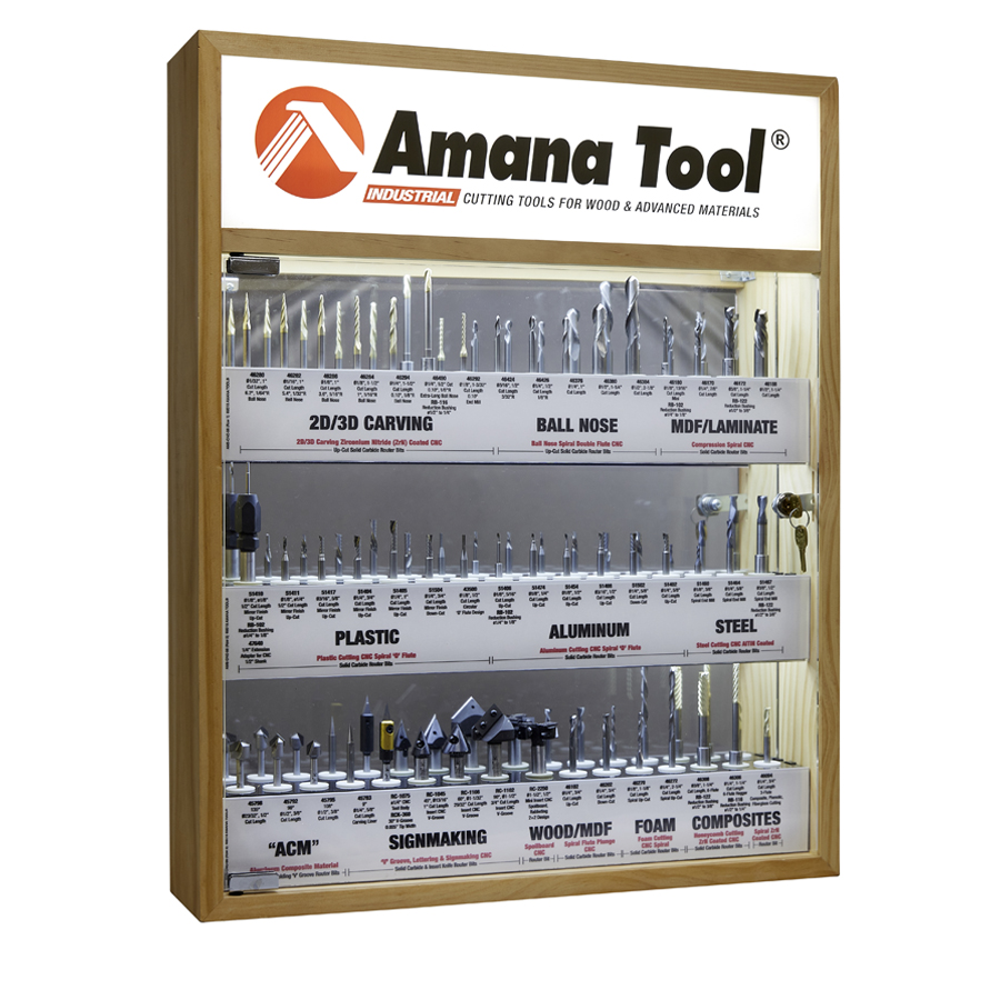 Amana AMS-CNC-58 – Master CNC Router Bit Collection, 58-Pcs with LED Illuminated, Mirrored Interior and Solid Wood Display