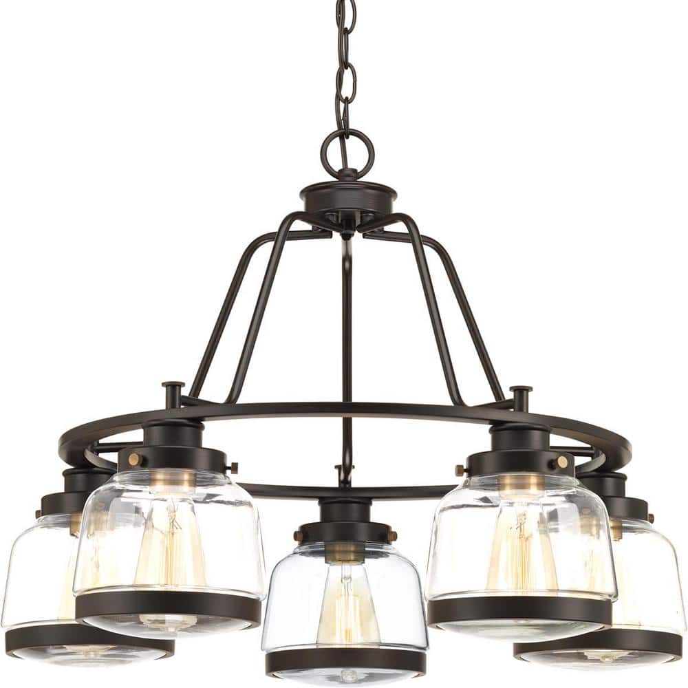 Progress Lighting Judson Collection 26 in. 5-Light Antique Bronze Clear Glass Farmhouse Chandelier Dining Room Light
