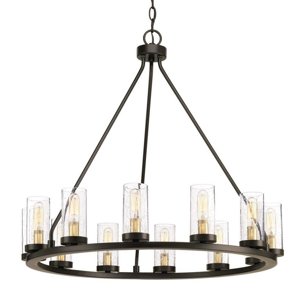 Progress Lighting Hartwell 27 in. 12-Light Antique Bronze Farmhouse Wagon Wheel Chandelier with Clear Seeded Glass and Brass Accents