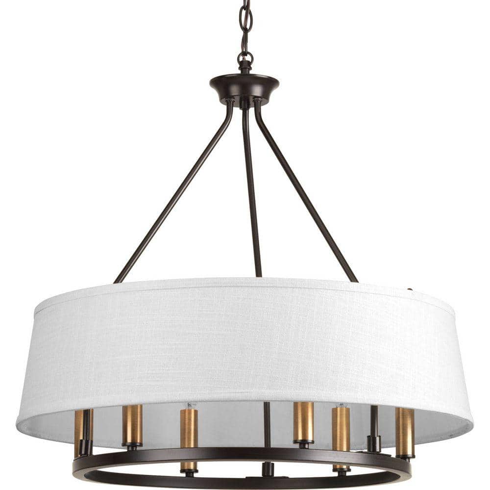 Progress Lighting Cherish Collection 6-Light Antique Bronze White Linen Shade Coastal Chandelier Light
