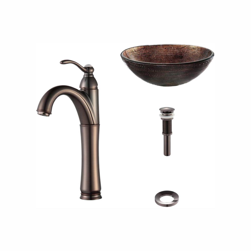 KRAUS Illusion Glass Vessel Sink in Brown with Riviera Faucet in Oil Rubbed Bronze