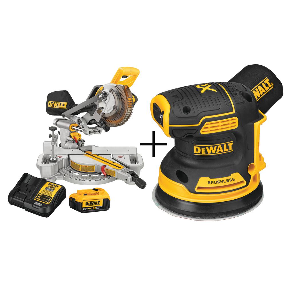 7-1/4 in. 20-Volt MAX Lithium-Ion Cordless Miter Saw with Battery 4 Ah and Charger with Bonus Random Orbit Sander