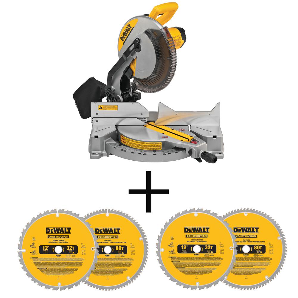 15 Amp Corded 12 in. Compound Single Bevel Miter Saw with 12 in. Miter Saw Blade 32-Teeth and 80-Teeth (4-Pack)